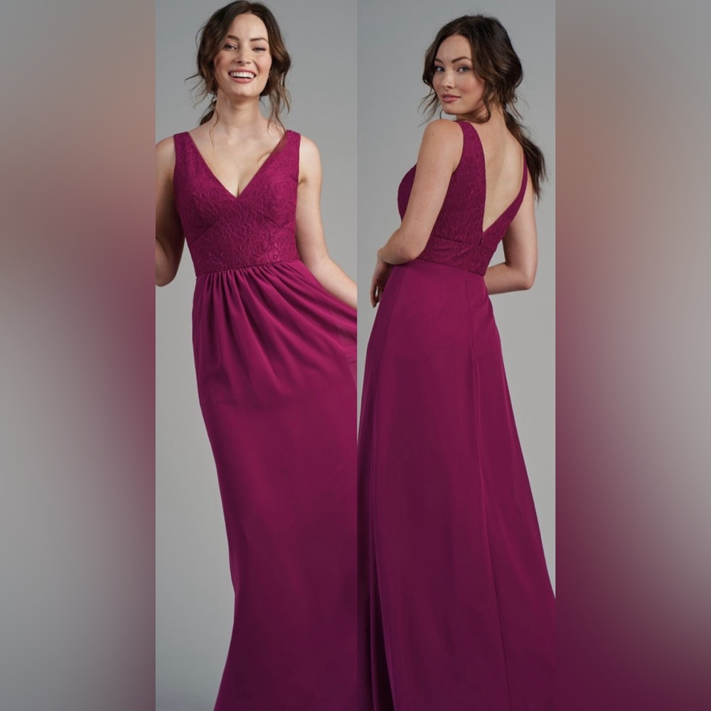 B213011 Lace & Poly Chiffon Long Gown with V-Neckline